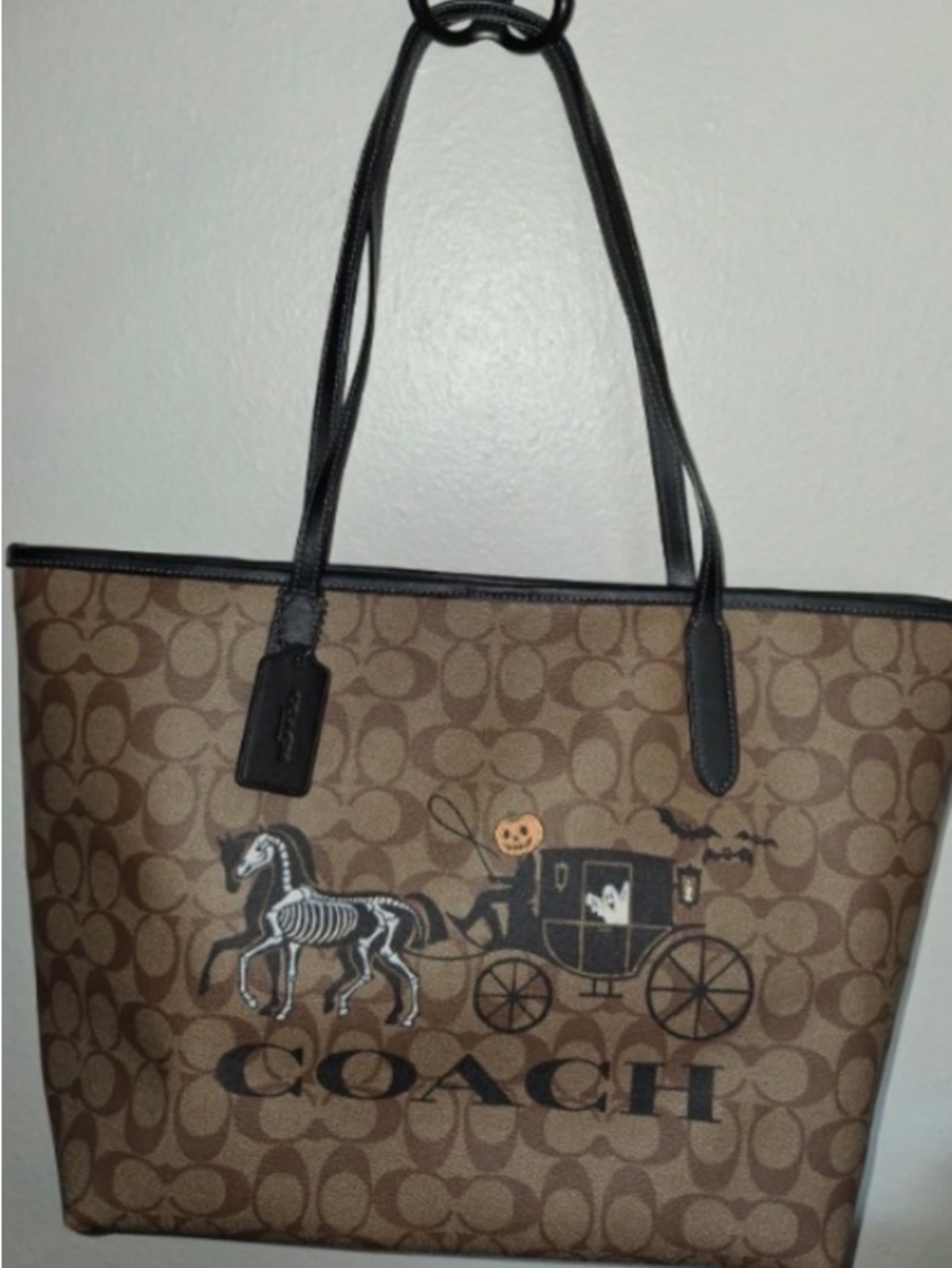COACH Brown Signature Tote with Black Trim and Halloween Motif